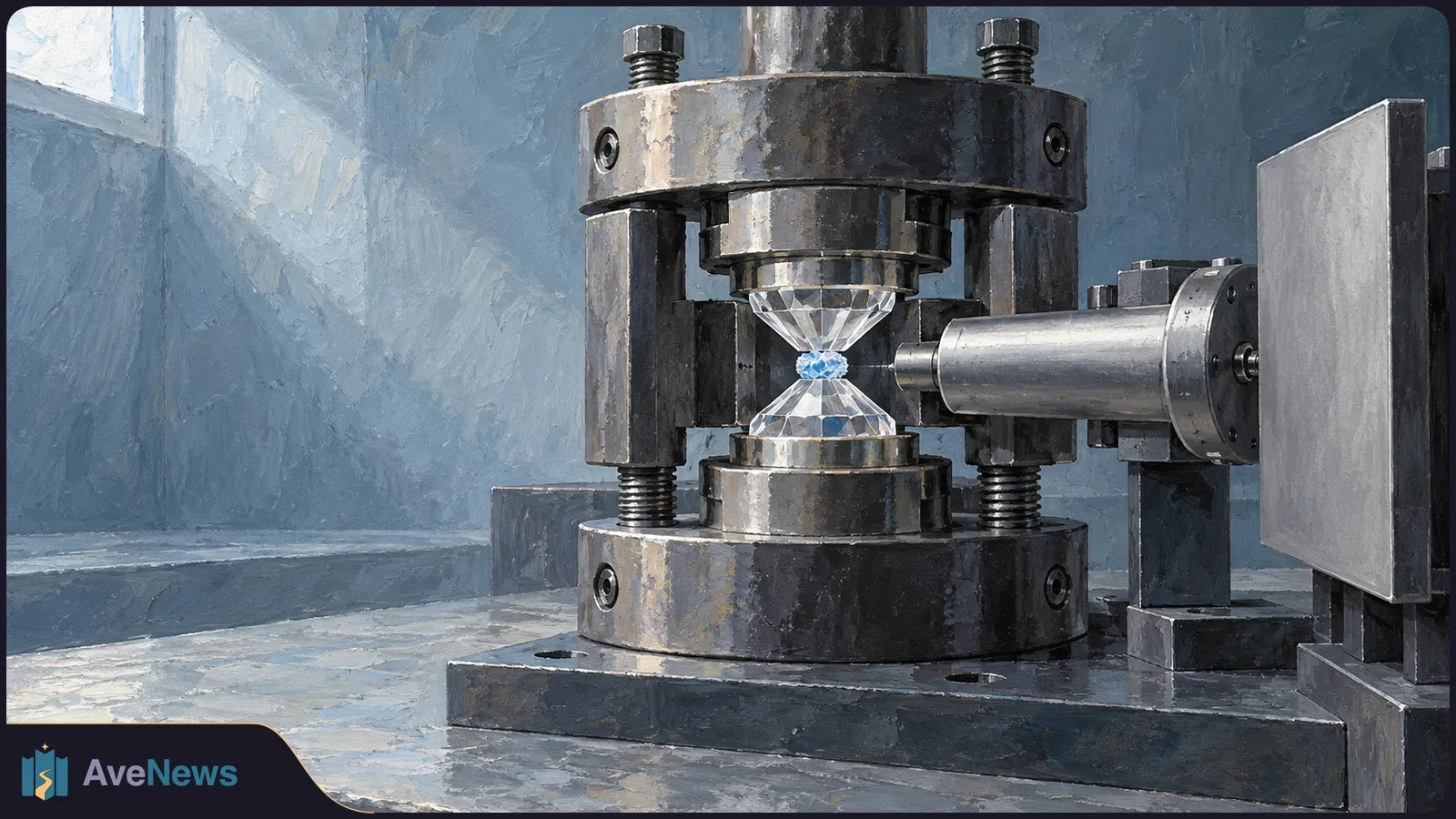 A clear, faceted sample with a blue center is compressed between the metal plates of a large press in a blue-gray room. SI illustration