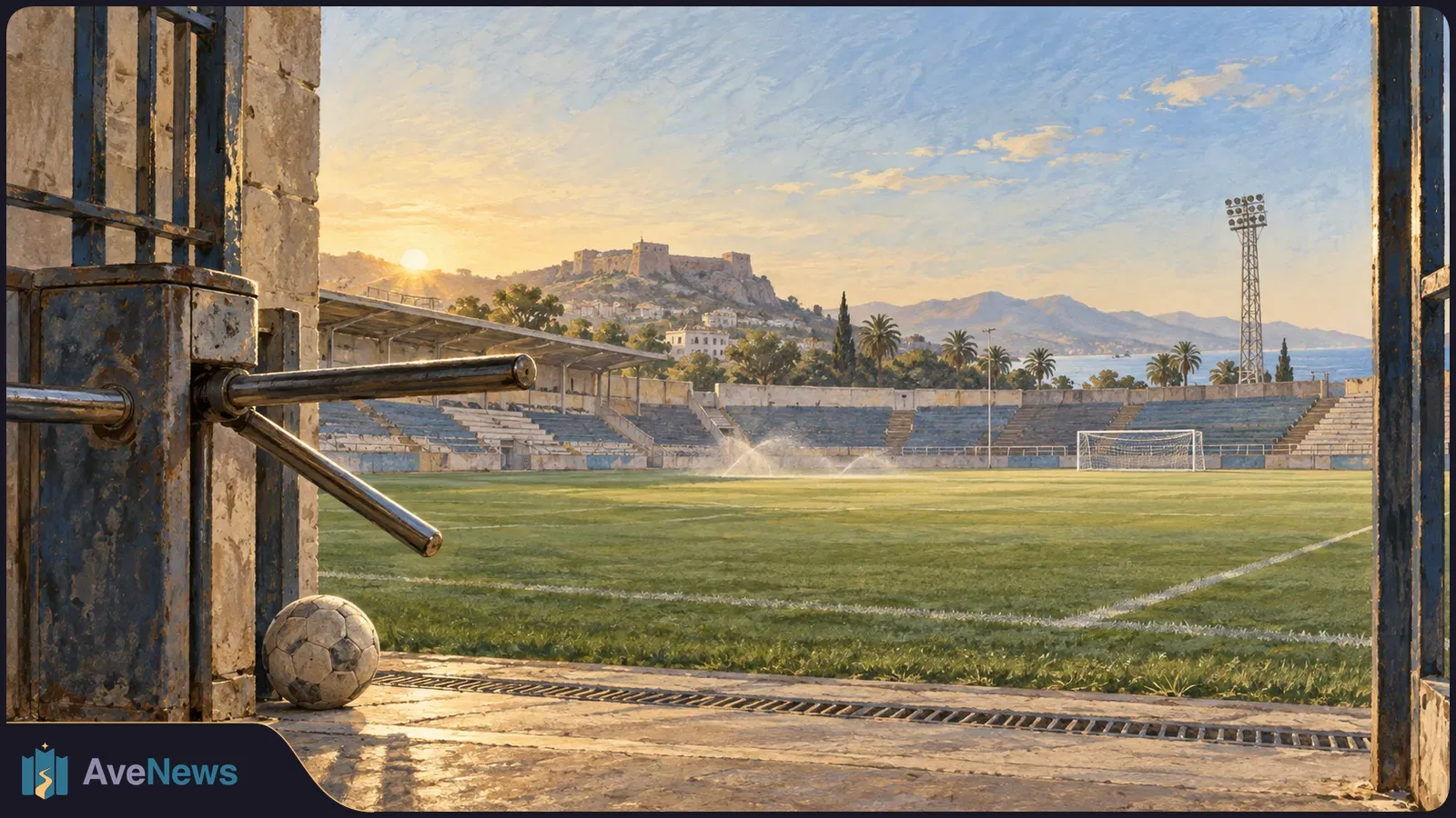 A football rests beside a metal turnstile at the entrance to an empty stadium, with a goal, stands and hilltop buildings beyond the pitch at sunset. SI illustration
