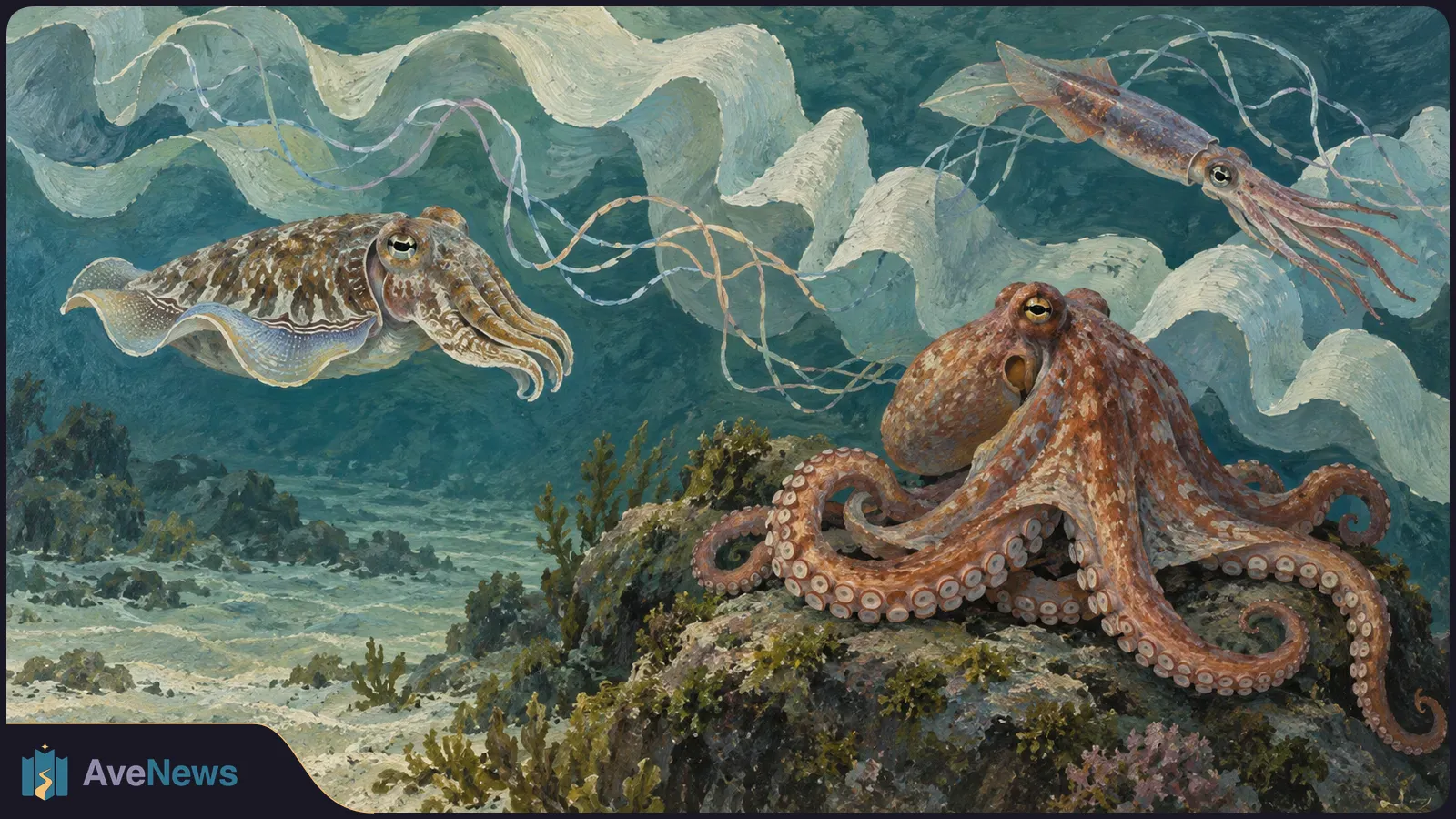 Painted underwater scene with an octopus on a rocky seabed, a cuttlefish swimming at left, and a squid at upper right among pale winding ribbons. SI illustration