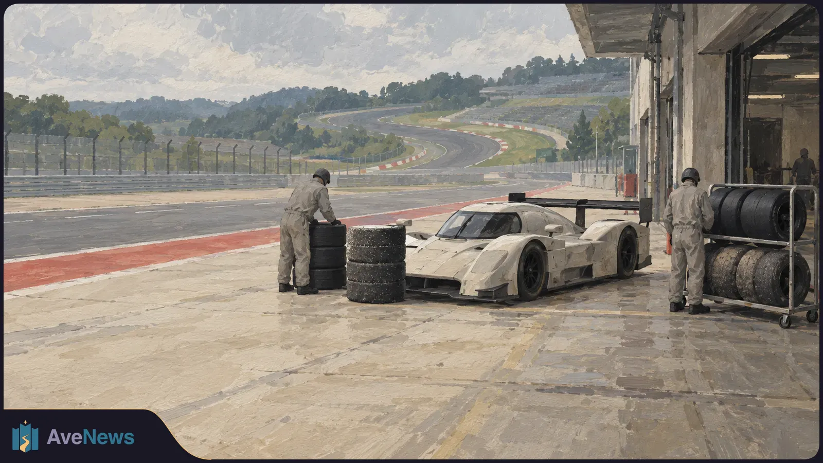 A painted scene shows a white race car in a pit lane beside stacks of tires. Two helmeted crew members stand nearby, with a winding circuit in the background. SI illustration