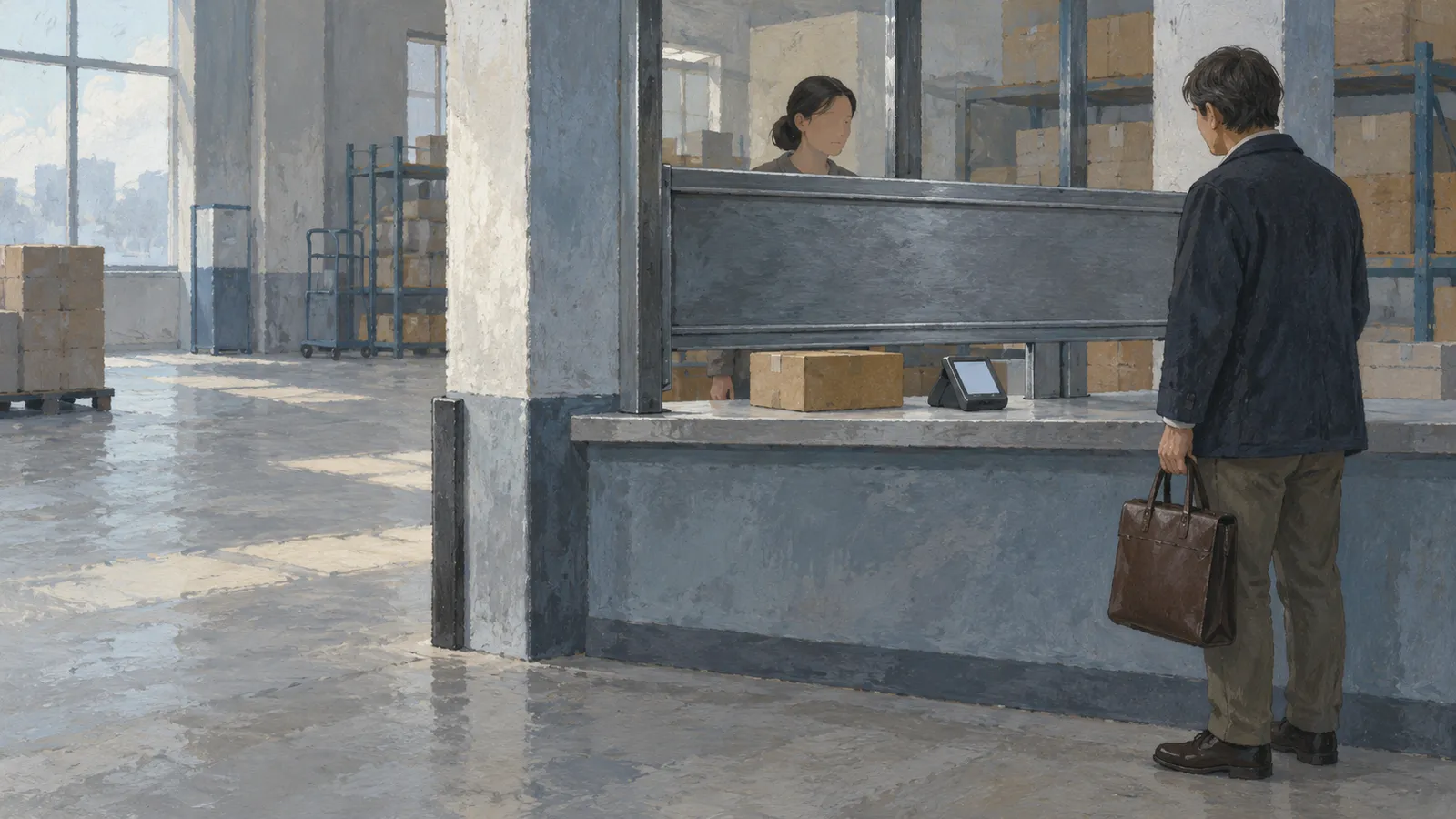 Illustration of a man holding a briefcase at a service counter, with a woman behind the window and boxes stacked around a warehouse. SI illustration