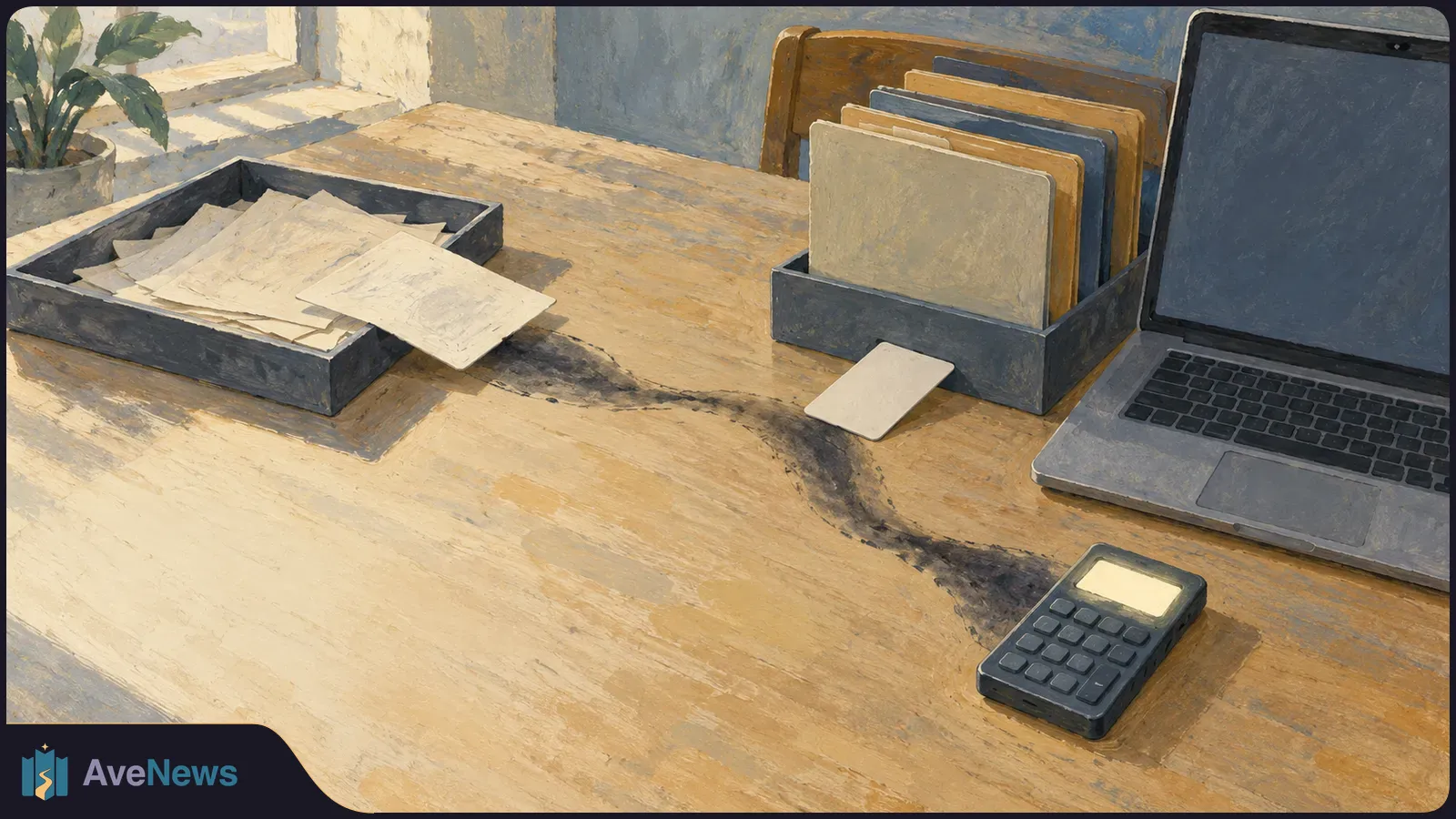 Painterly illustration of papers in a tray, folders, a blank-screen laptop and a small keypad device on a wooden desk, with a dark winding streak between them. SI illustration