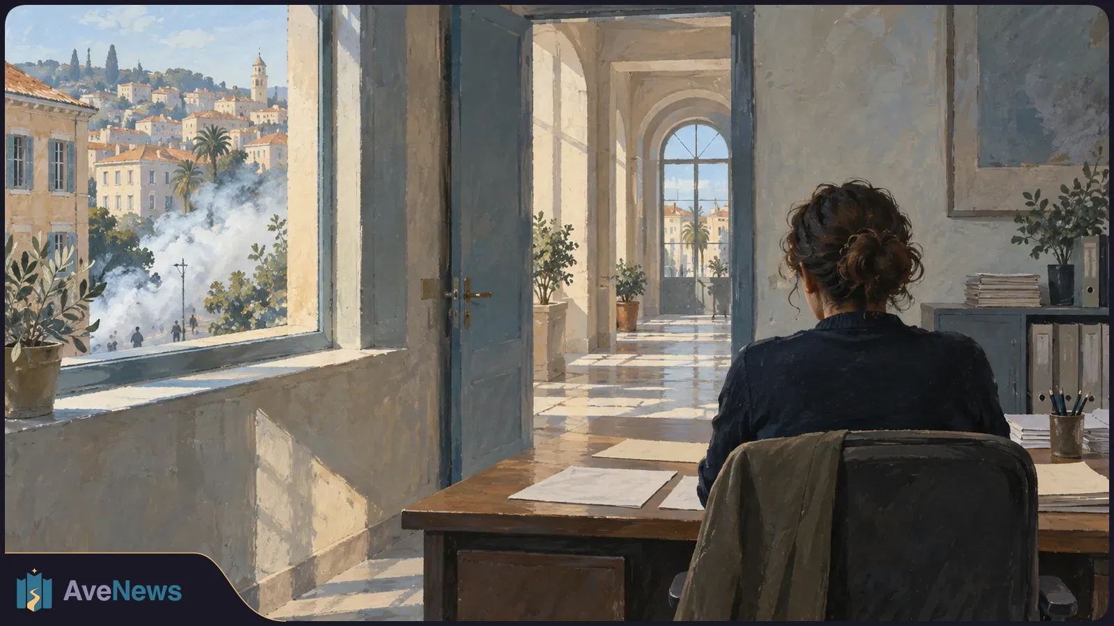 Painting of a woman seated at a desk in a sunlit office, looking toward a window overlooking a city street filled with white smoke and small figures. SI illustration