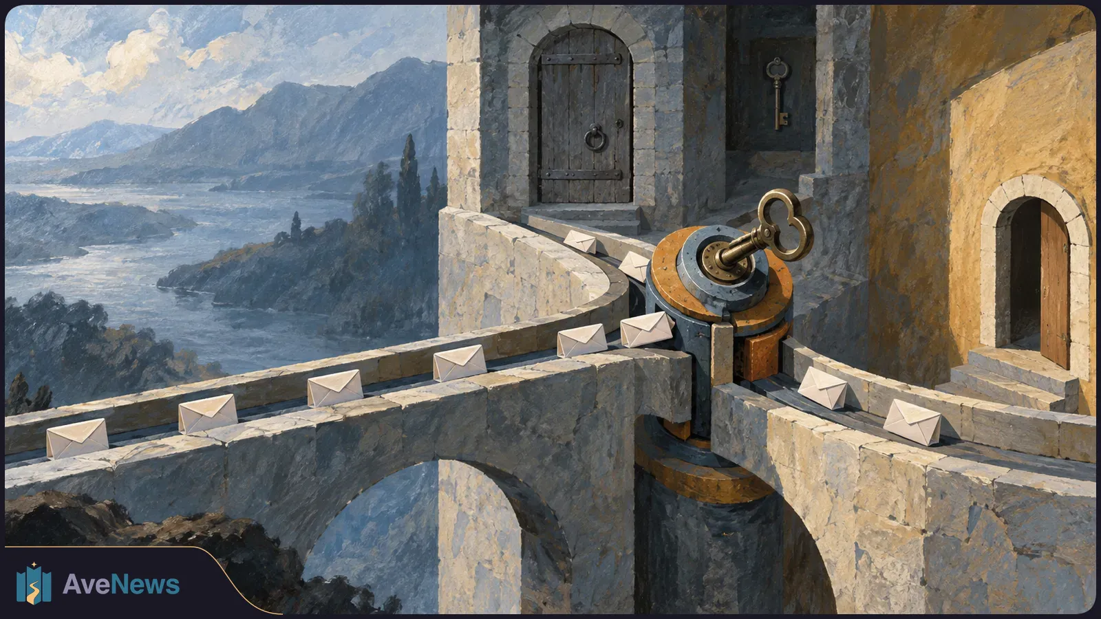 White envelopes line stone walkways meeting at a circular mechanism with a large brass key. Arched doors, a mountain lake and distant peaks surround it. SI illustration