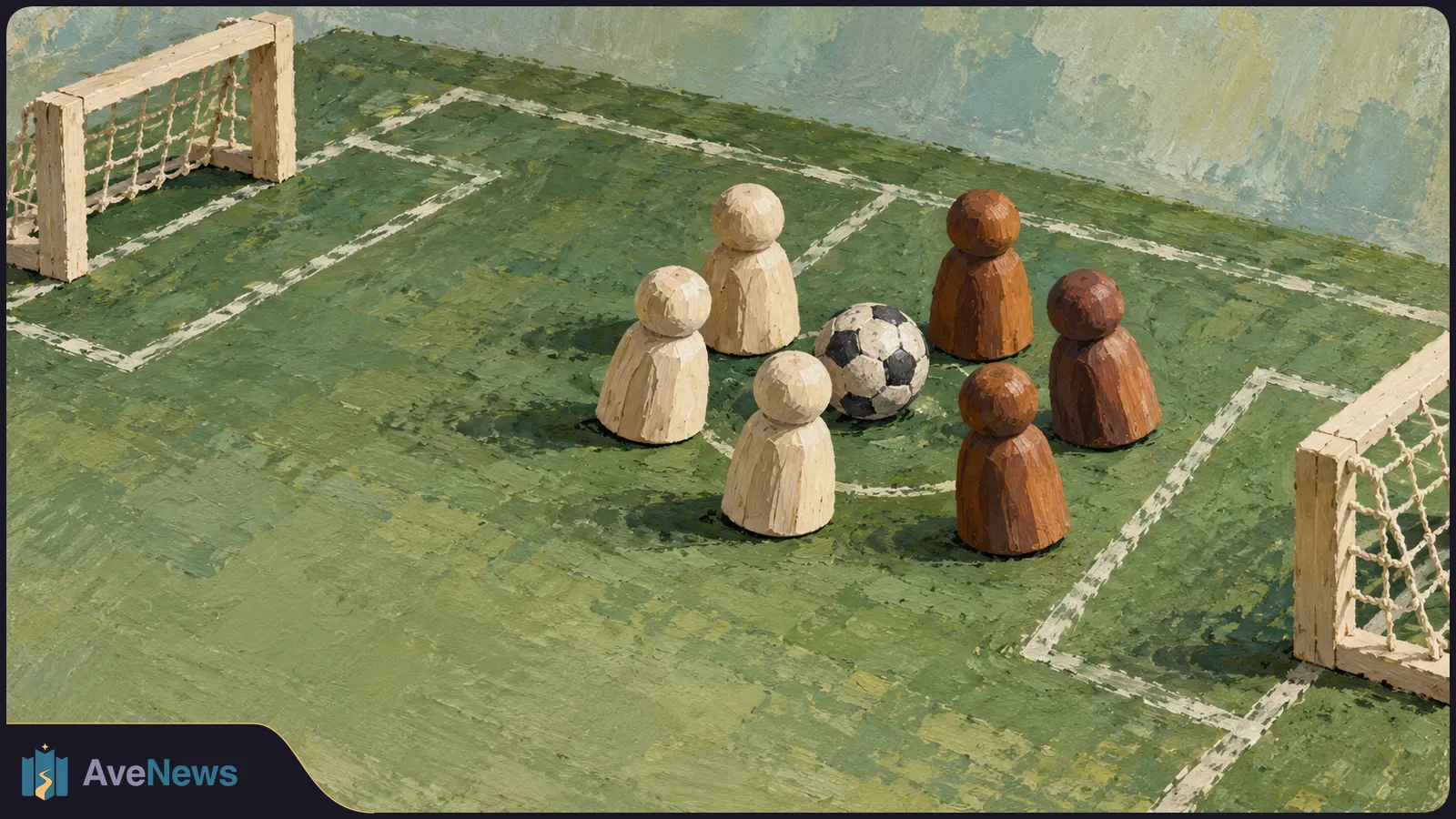 Painterly miniature football pitch with two wooden goals, a ball, and three light and three dark wooden figures gathered near midfield. SI illustration