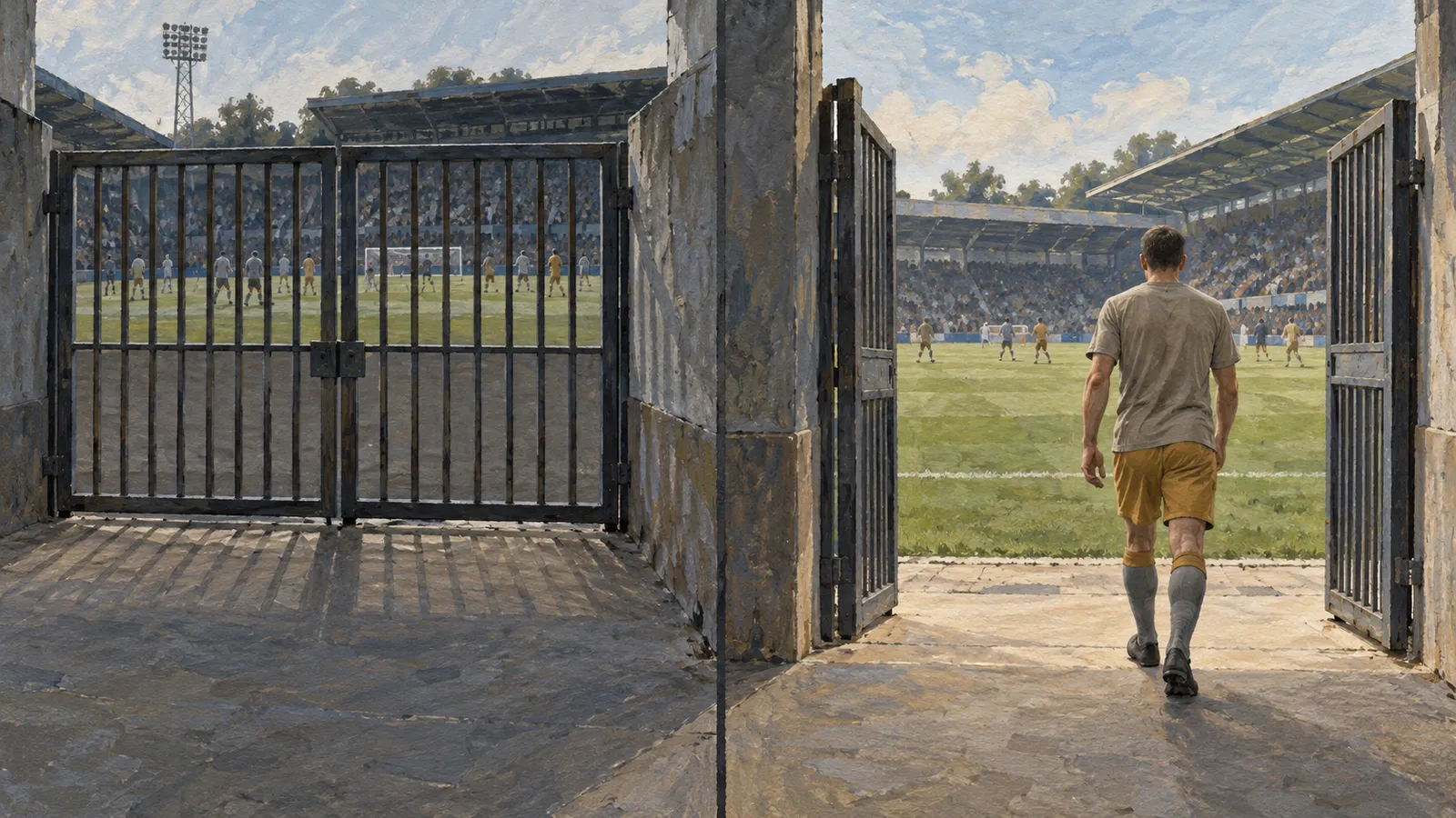 A painted stadium scene shows a closed metal gate on the left and a man in football kit walking through an open gate toward the pitch on the right. SI illustration