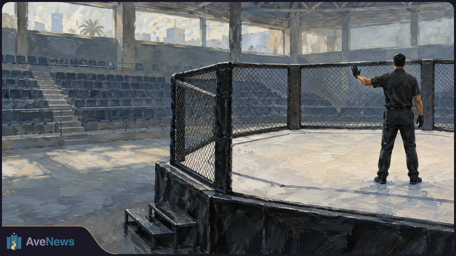 Painted view of a fenced MMA cage in an arena. A person in black stands inside with one gloved hand raised; the spectator seats are empty. SI illustration