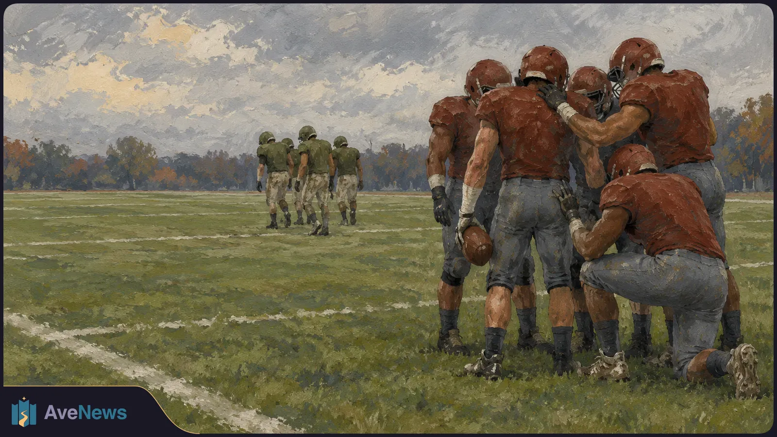 Painterly illustration of helmeted football players in red jerseys huddling on a field, while three players in green jerseys walk away beneath a cloudy sky. SI illustration