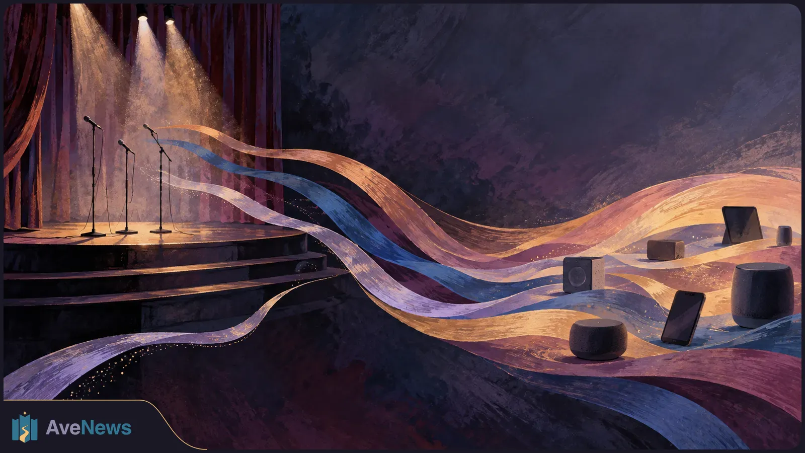 Three microphones under spotlights on a curtained stage; colorful wave-like ribbons flow toward phones and speakers against a dark background. SI illustration