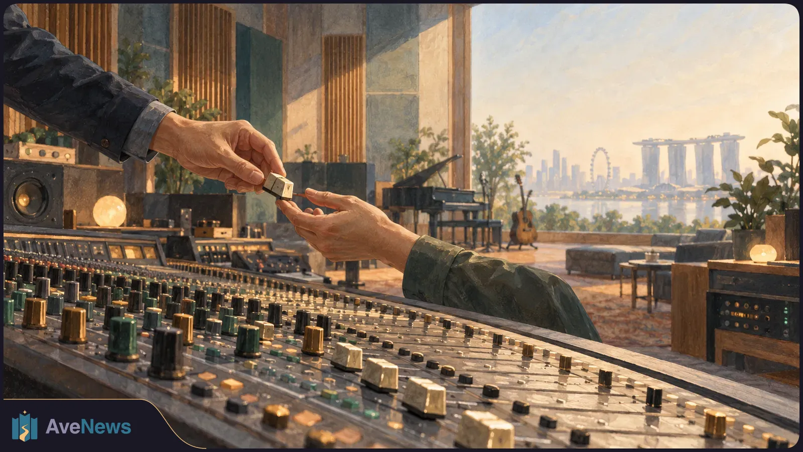 Two hands pass a small cube over a recording studio mixing console. A piano and guitar stand by windows overlooking a waterfront skyline. SI illustration