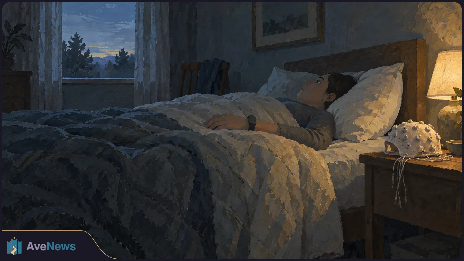 A painted bedroom at dusk shows a person lying in bed with eyes open, wearing a wrist tracker. An electrode cap rests on the bedside table. SI illustration