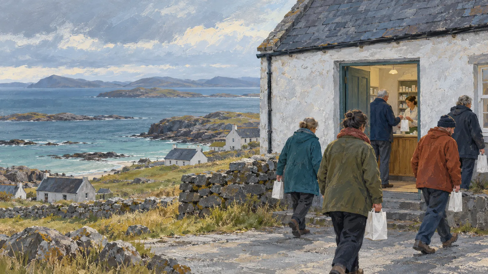 A painted coastal scene shows people carrying white bags outside a small shop, with a customer at the counter and rocky islands beyond. SI illustration