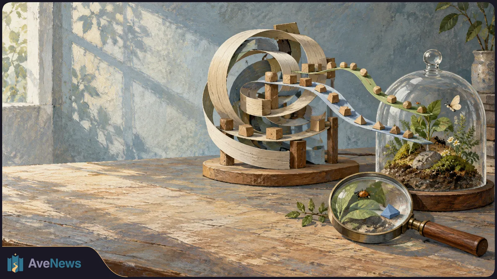 A painted tabletop scene shows looping wooden tracks lined with small blocks beside a glass terrarium. A magnifying glass lies over leaves and a beetle. SI illustration