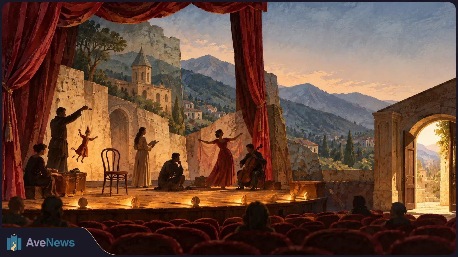 Painted theater stage beneath red curtains, with a puppeteer, dancer, reader and cellist. An audience sits before the stage, with a mountain town beyond it. SI illustration