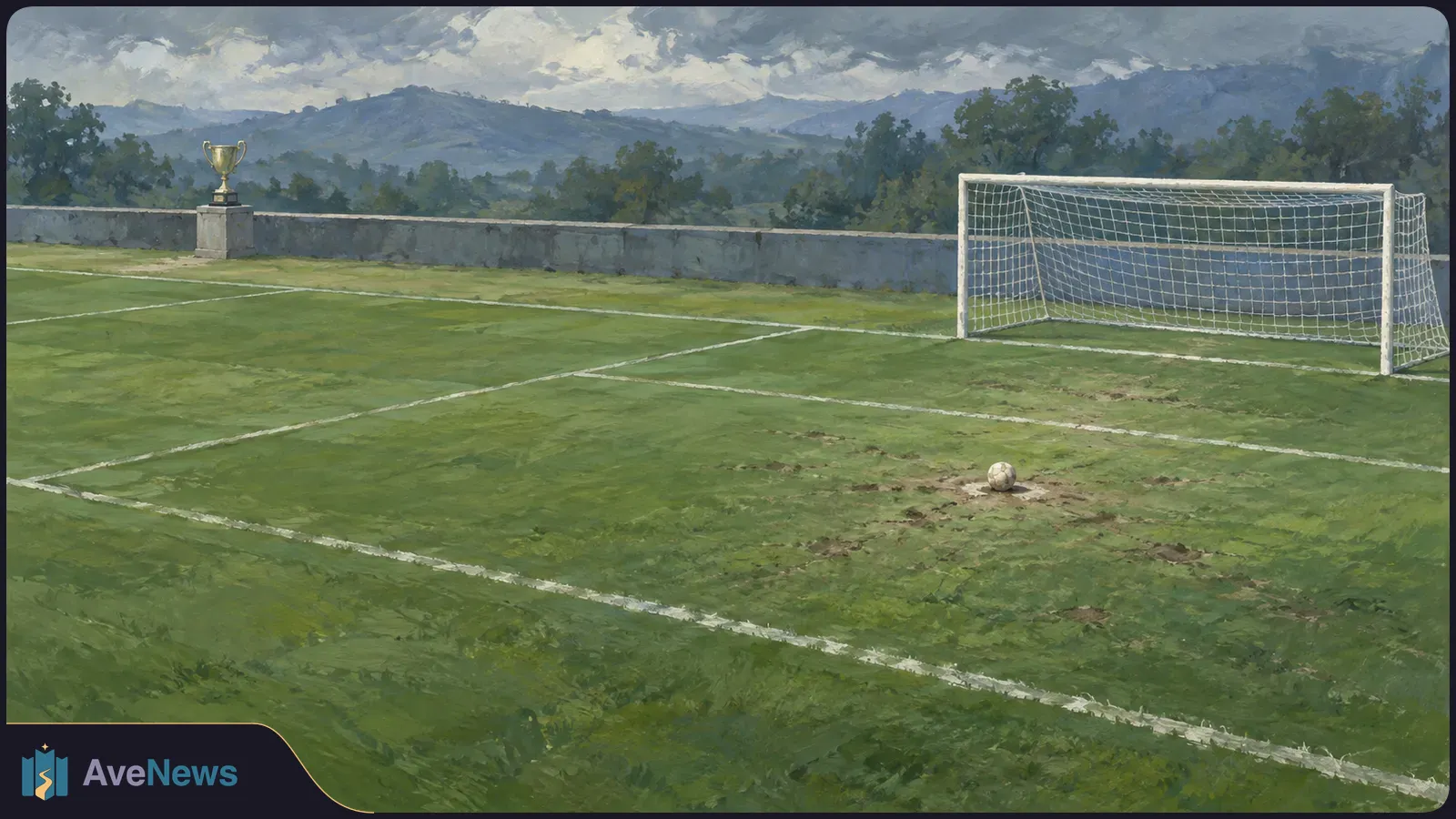 A painted football pitch with a ball in front of a goal and a gold trophy on a plinth. Trees and mountains sit beneath a cloudy sky. SI illustration