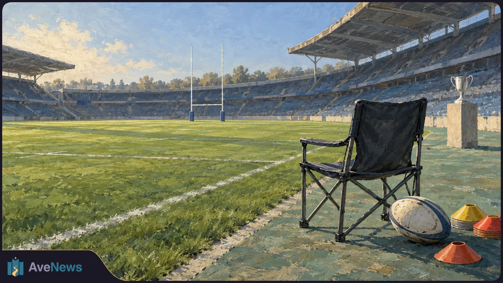 A painted empty rugby stadium with goalposts, a folding chair by the touchline, a rugby ball, training cones and a trophy on a plinth. SI illustration