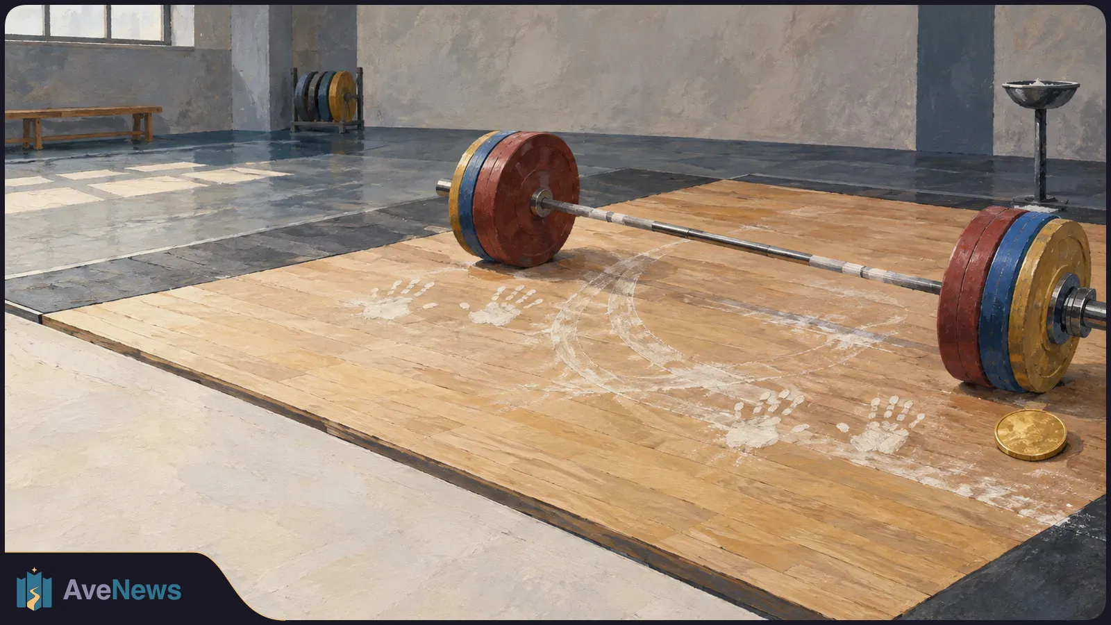 Painted weightlifting gym with a loaded barbell on a wooden platform, chalk handprints on the floor and a small gold-colored disc nearby. SI illustration