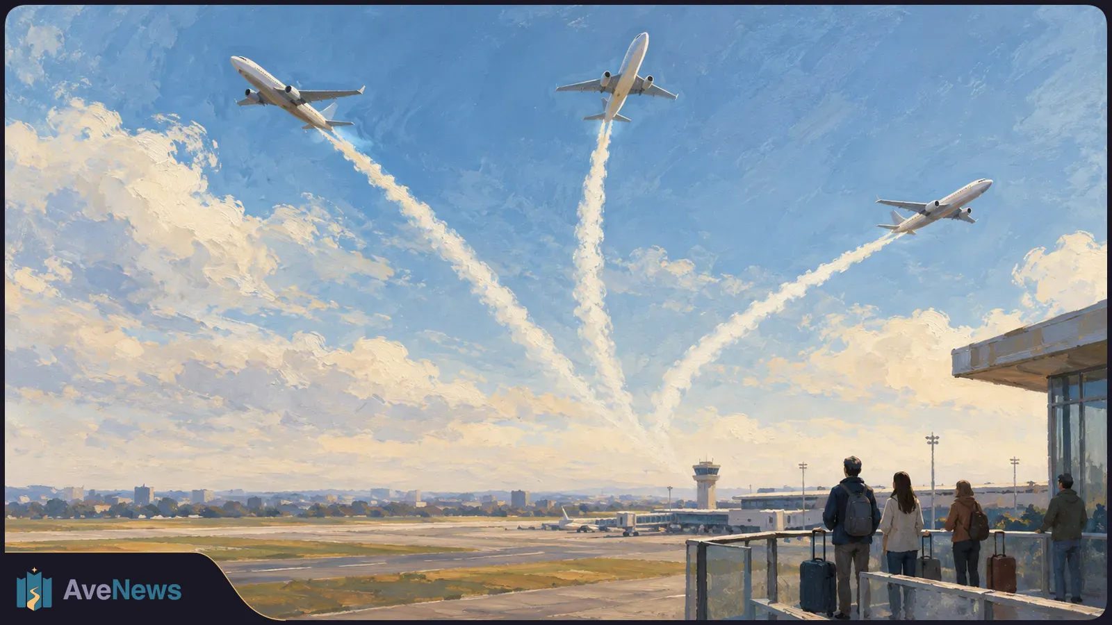 Painted airport scene with three planes crossing a cloud-filled sky, white trails behind them, and travelers with luggage watching from a terrace. SI illustration
