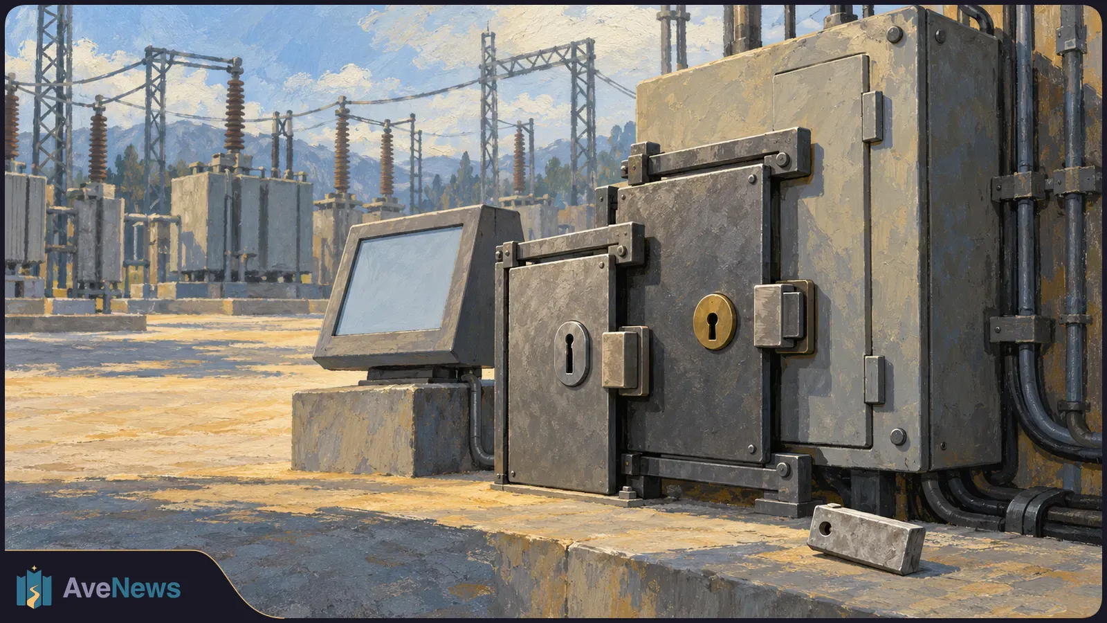 Painted illustration of locked electrical cabinets and a blank screen at a power substation, with transformers and overhead wires behind them. SI illustration
