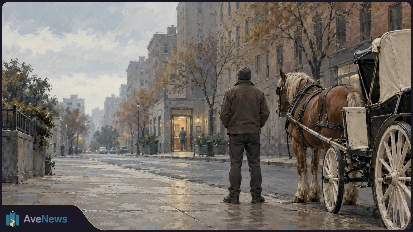 A man stands with his back to the viewer beside a horse hitched to a white carriage on a city street lined with autumn trees and tall buildings. SI illustration