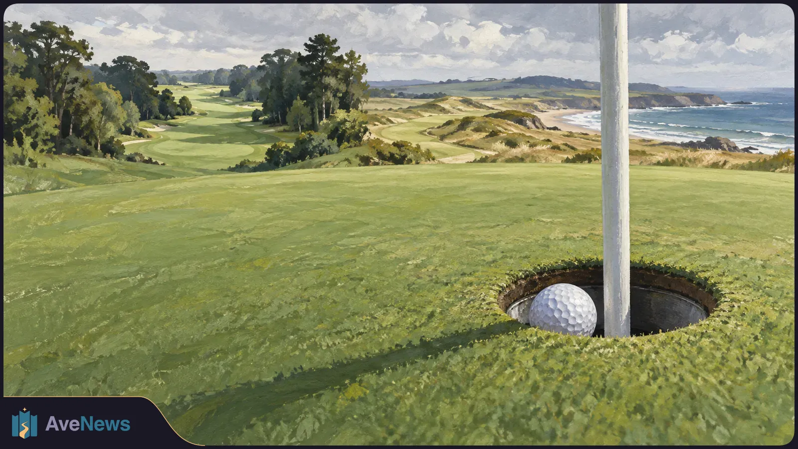 Painted coastal golf course with a ball beside the hole and flagstick; fairways, trees and dunes stretch toward the sea under a cloudy sky. SI illustration