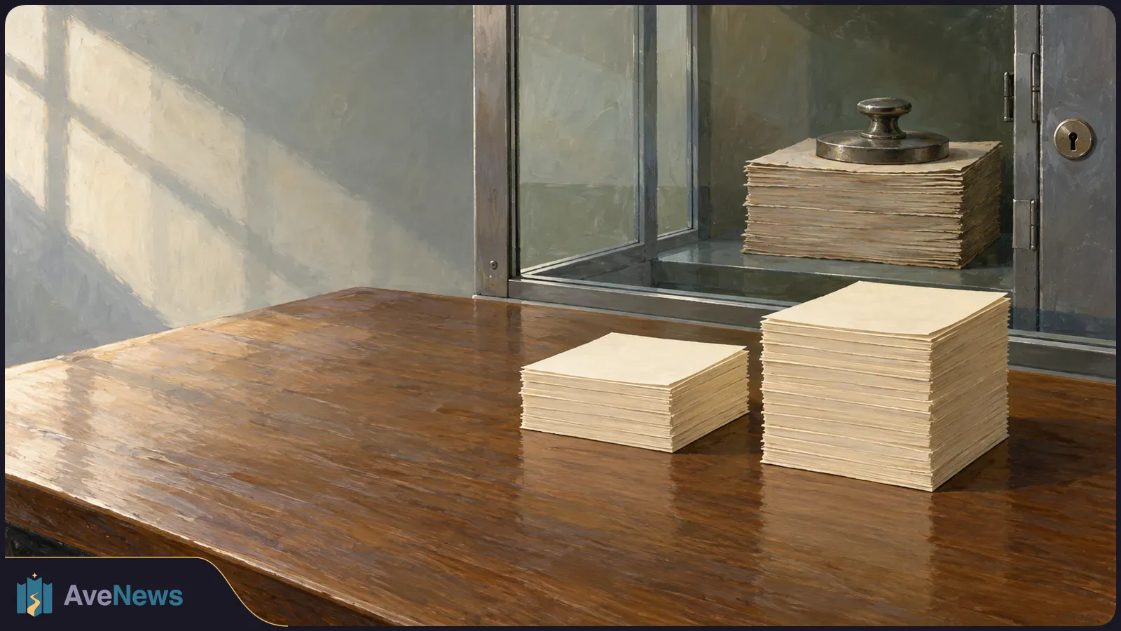 Painterly image of two unequal stacks of blank paper on a wooden table. A third stack sits under a metal weight inside a locked glass cabinet. SI illustration