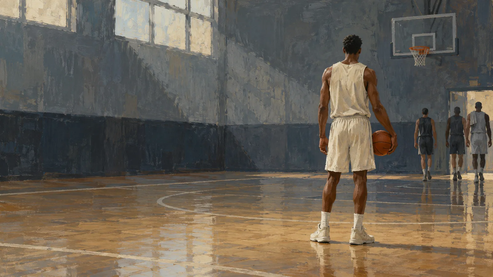 Illustration of a basketball player holding a ball on an indoor court, seen from behind as three other players walk toward a doorway beneath a hoop. SI illustration