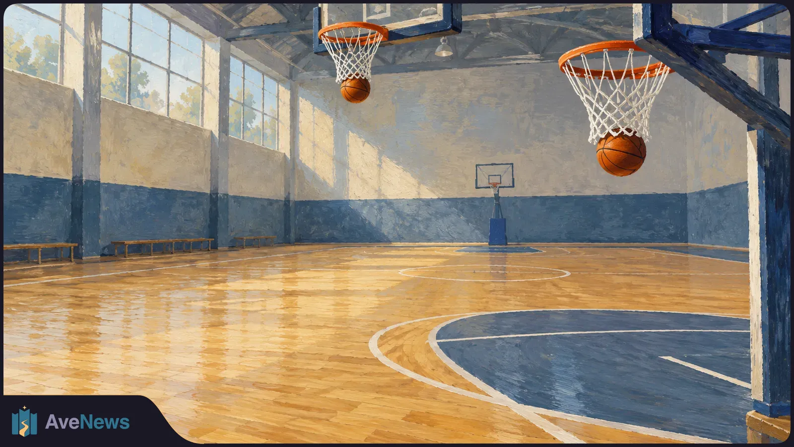 Painted view of an empty indoor basketball court, with two balls in the nets of foreground hoops and a third hoop at the far end. SI illustration