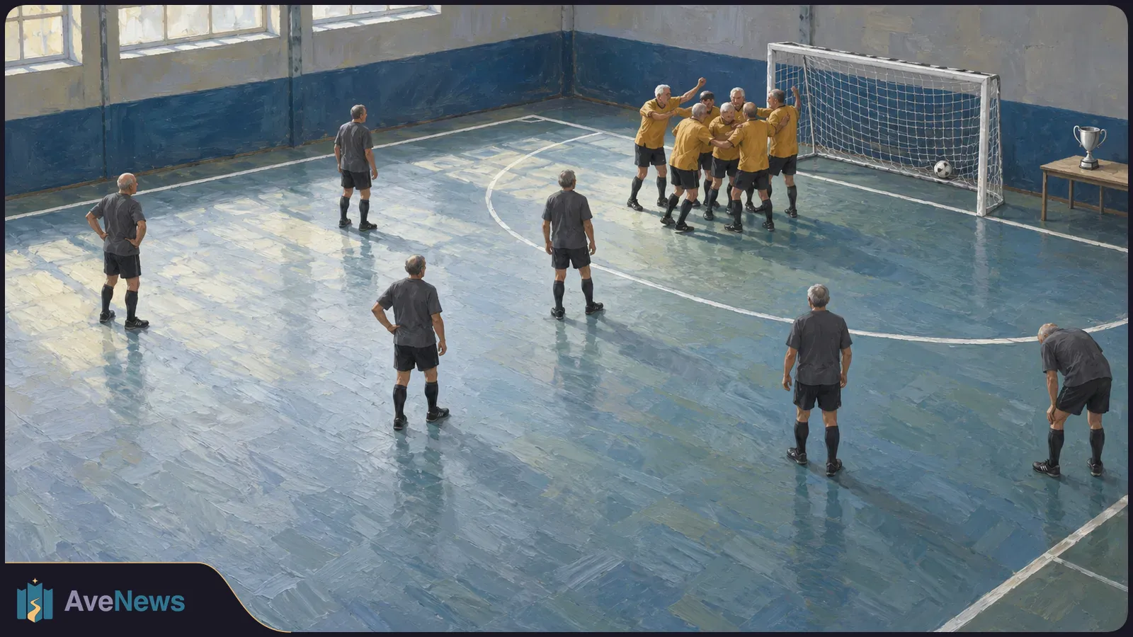 Painted indoor football scene: older players in yellow celebrate beside a goal with the ball inside, while players in dark shirts stand apart. A trophy sits on a table. SI illustration