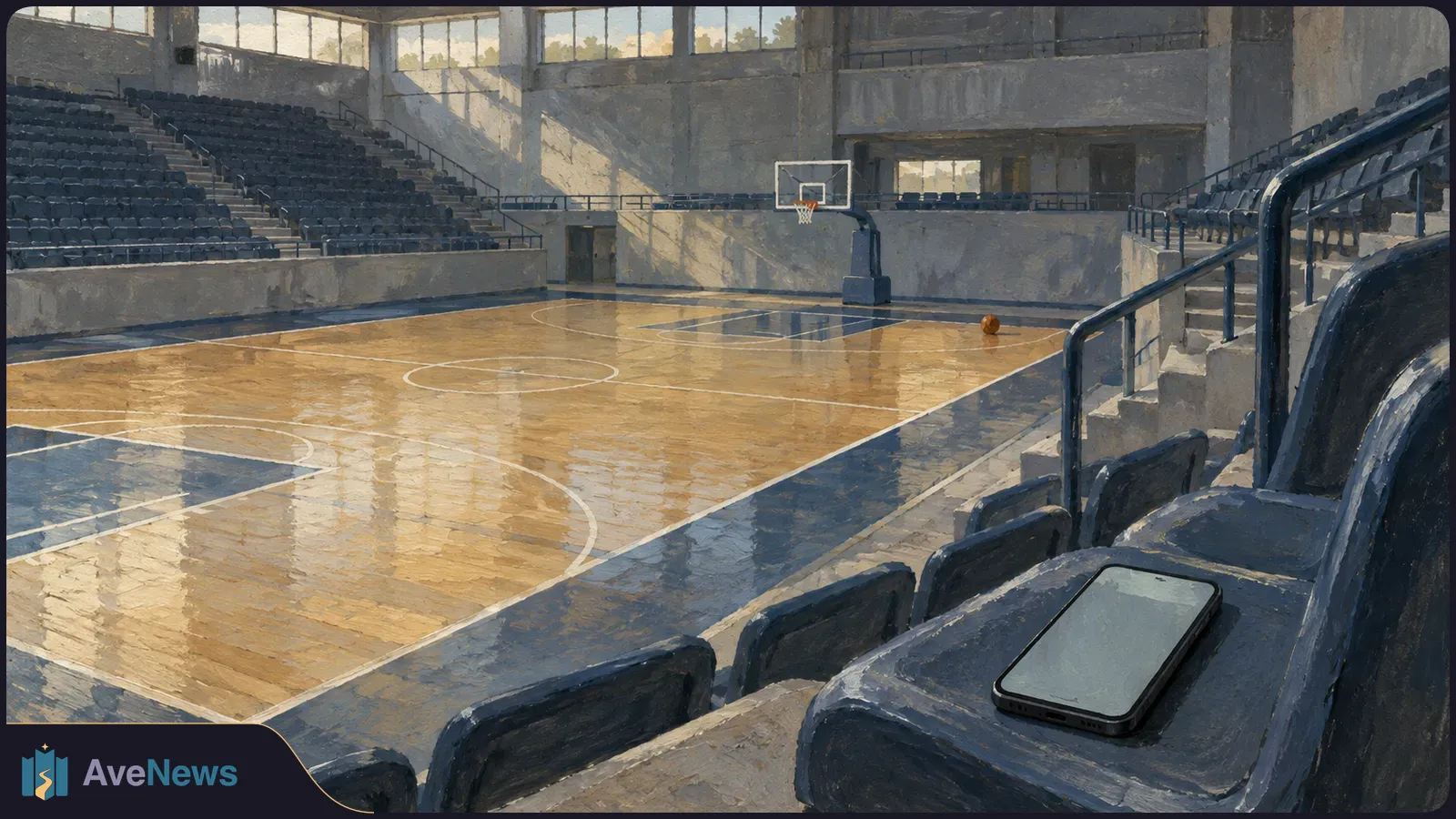 Painted view of an empty indoor basketball court with a hoop and a ball; a phone with a blank screen rests on a seat in the foreground. SI illustration