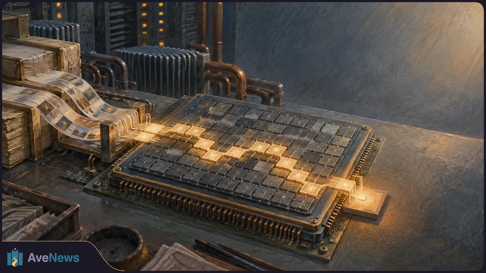 Illustration of printed pages feeding into a large grid of dark chips, with glowing squares and circuit paths crossing its surface. SI illustration