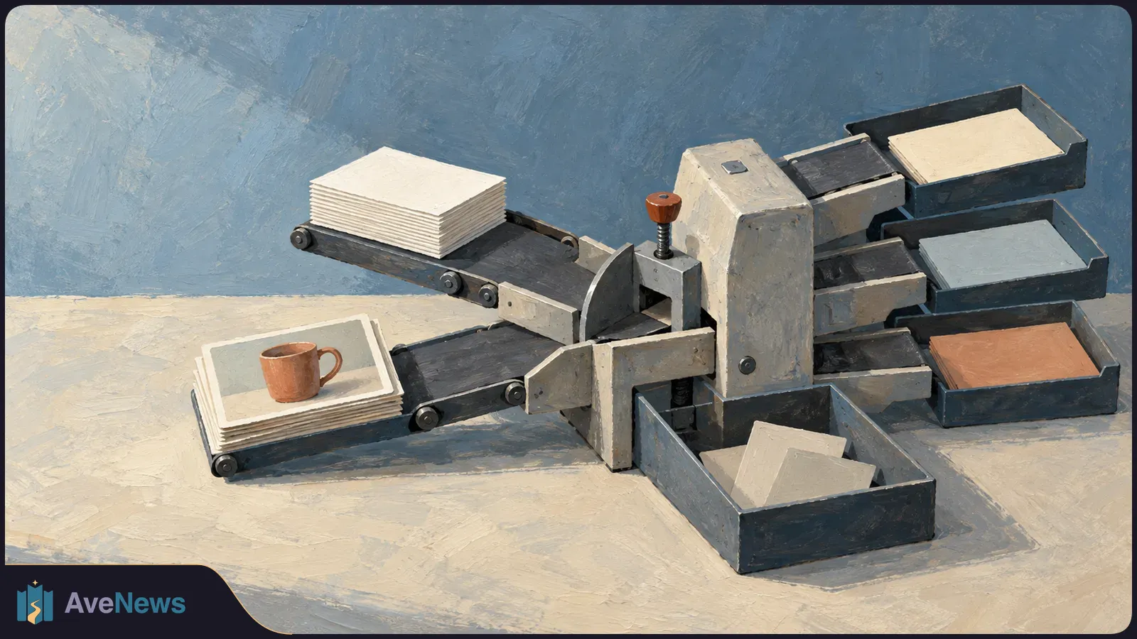 Painted illustration of a sorting machine with paper conveyors. One stack is topped by a picture of a brown mug; trays hold plain and colored sheets. SI illustration