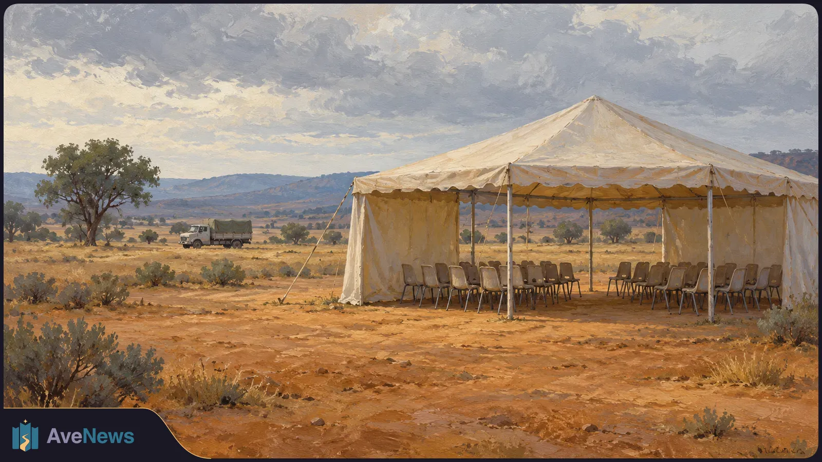 Painted scene of an empty white tent with rows of chairs on dry, scrubby ground; a truck stands near a tree beneath a cloudy sky. SI illustration