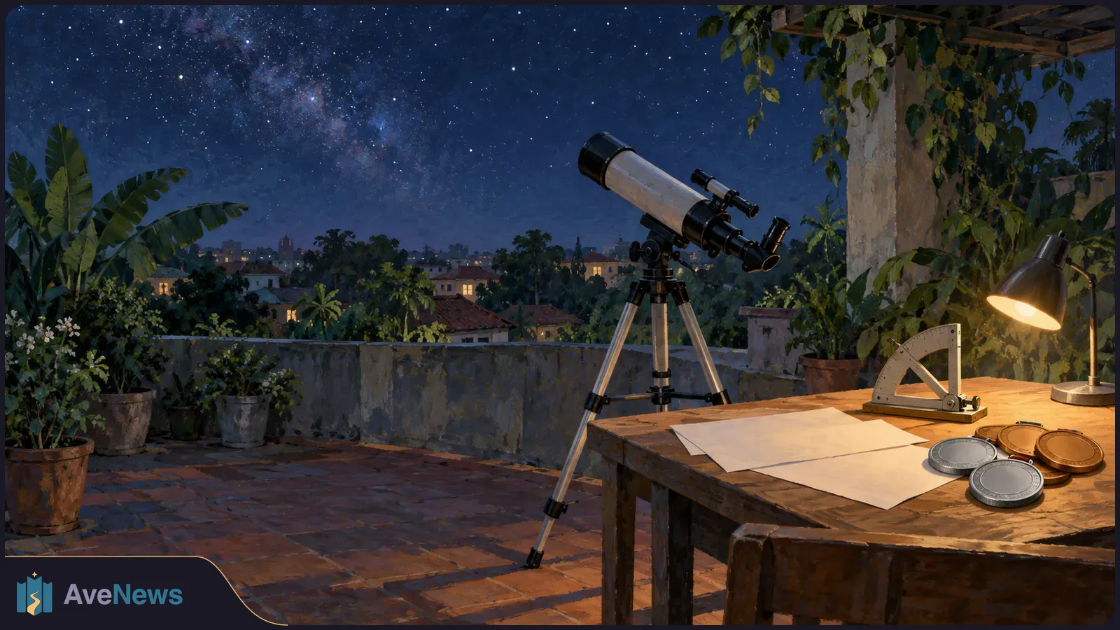 A telescope stands on a terrace beneath a starry sky. Blank papers, a protractor, a lamp and silver- and bronze-coloured medals sit on a wooden table. SI illustration