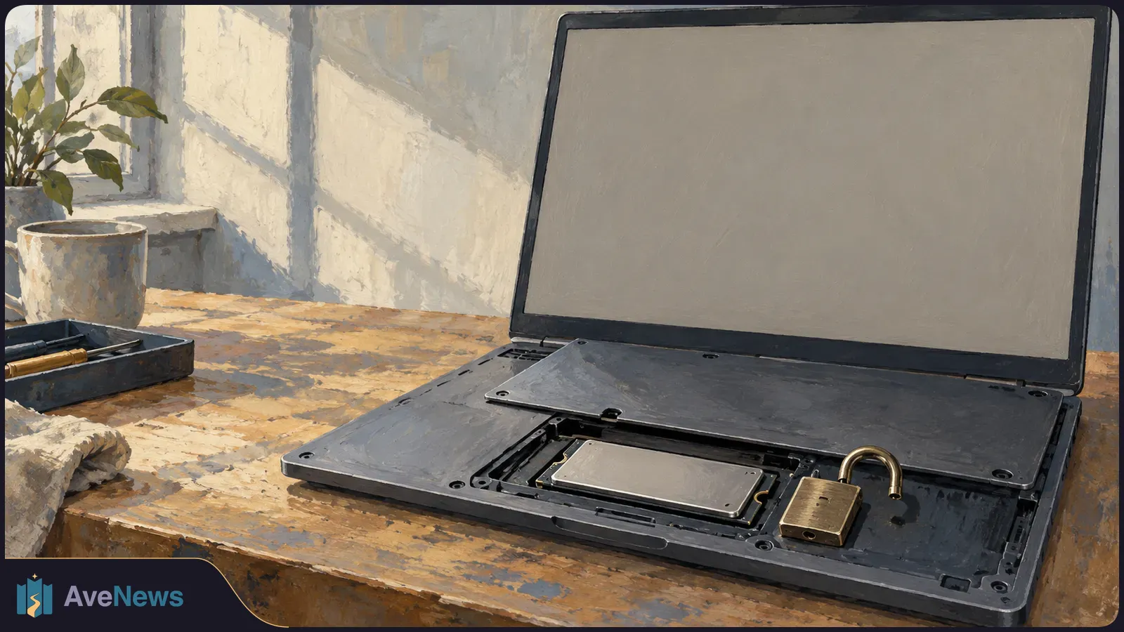 A painted illustration of an open laptop with a blank screen, an exposed internal component and an unlocked padlock on a wooden desk. SI illustration