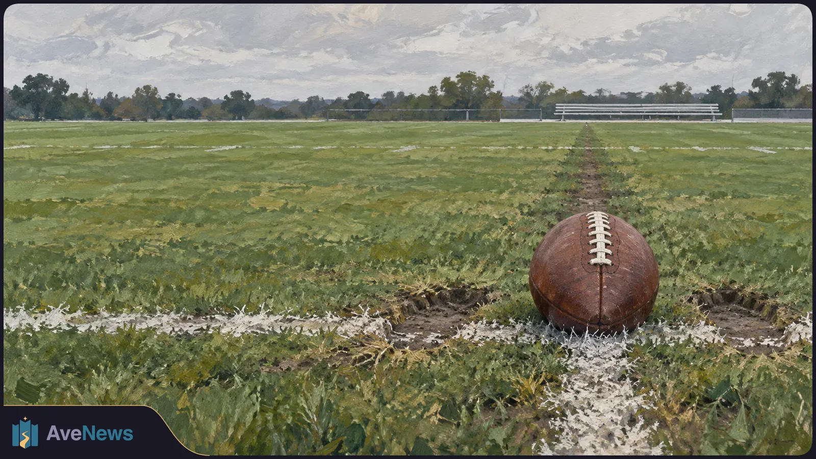 Painted view of an American football resting on a marked grass field, with empty bleachers and trees beneath a cloudy sky. SI illustration
