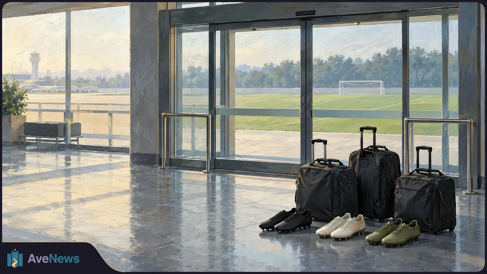 Three rolling suitcases and three pairs of football boots sit inside a glass-walled terminal. A football pitch and goal are visible outside, with an airport tower in the distance. SI illustration