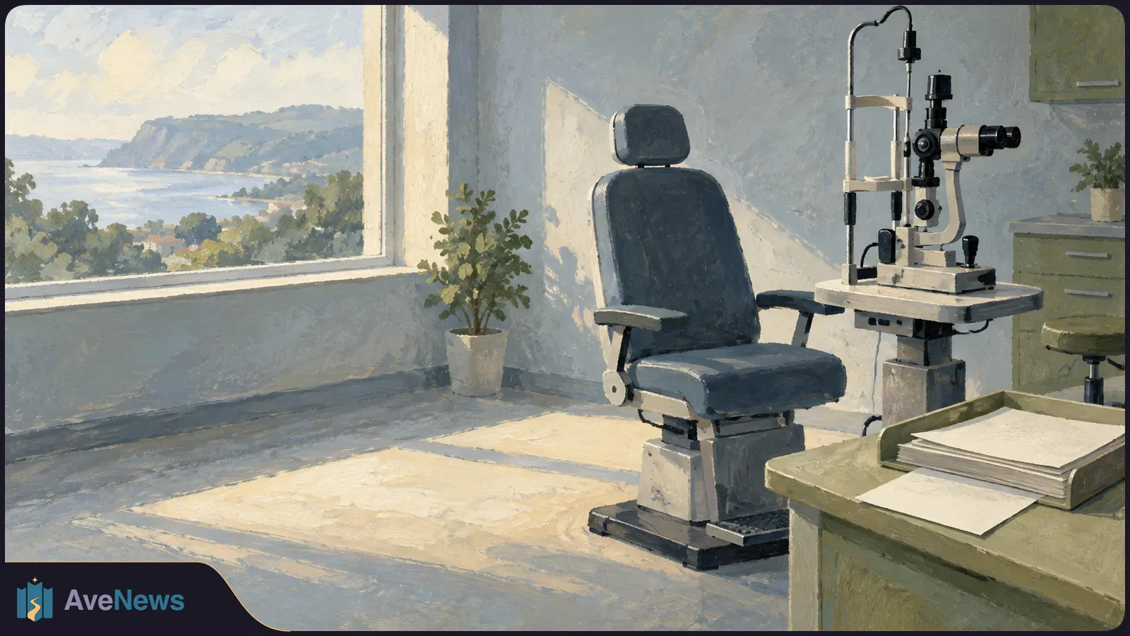 Painted eye-exam room with an empty examination chair and slit lamp. Blank papers lie on a desk, and a coastline is visible through the window. SI illustration