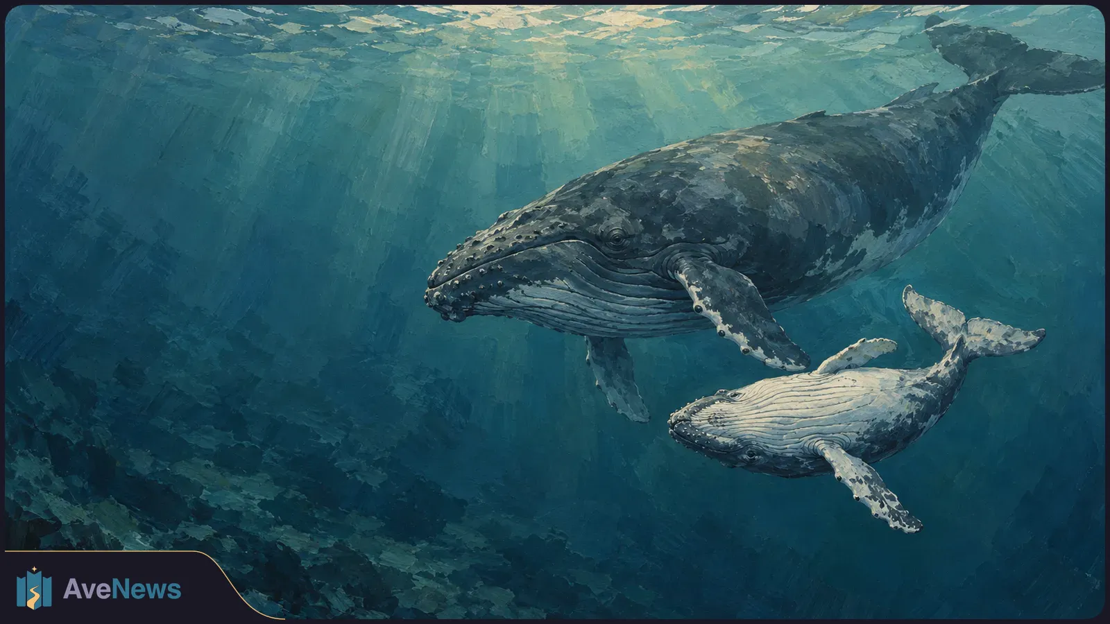 Painted underwater scene of a large humpback whale beside a smaller whale, with sunlight filtering through blue water. SI illustration