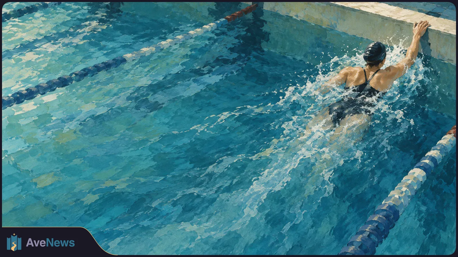 Painterly view of a swimmer in a black cap and suit reaching for the pool wall amid splashing water, with lane dividers on either side. SI illustration