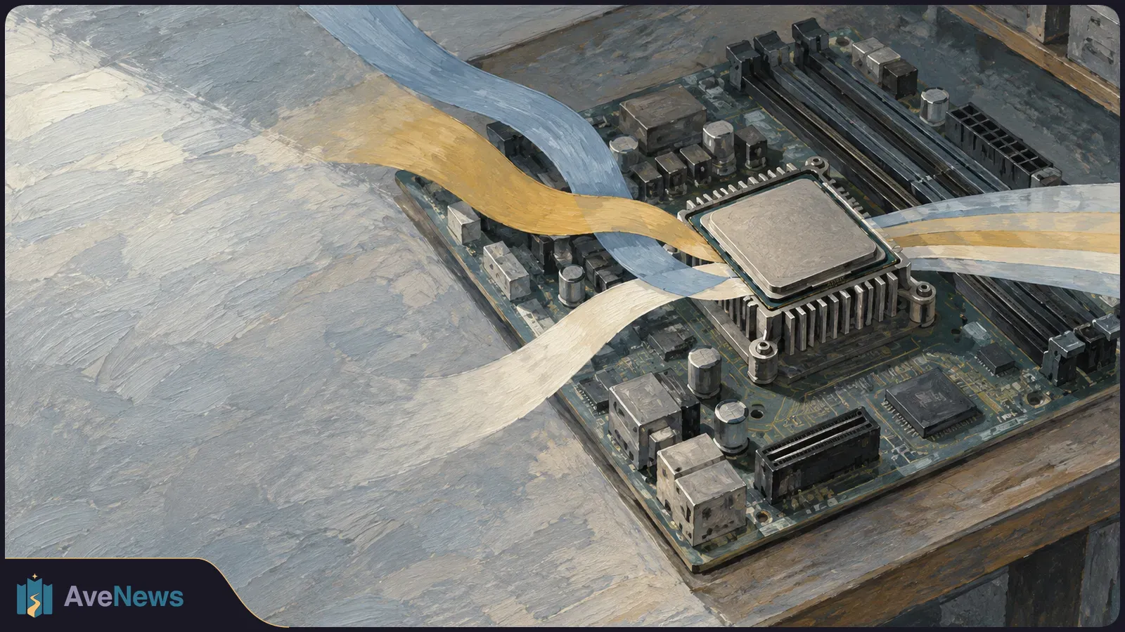 Painterly illustration of a processor on a motherboard, with blue, gold and white ribbons flowing across it. SI illustration