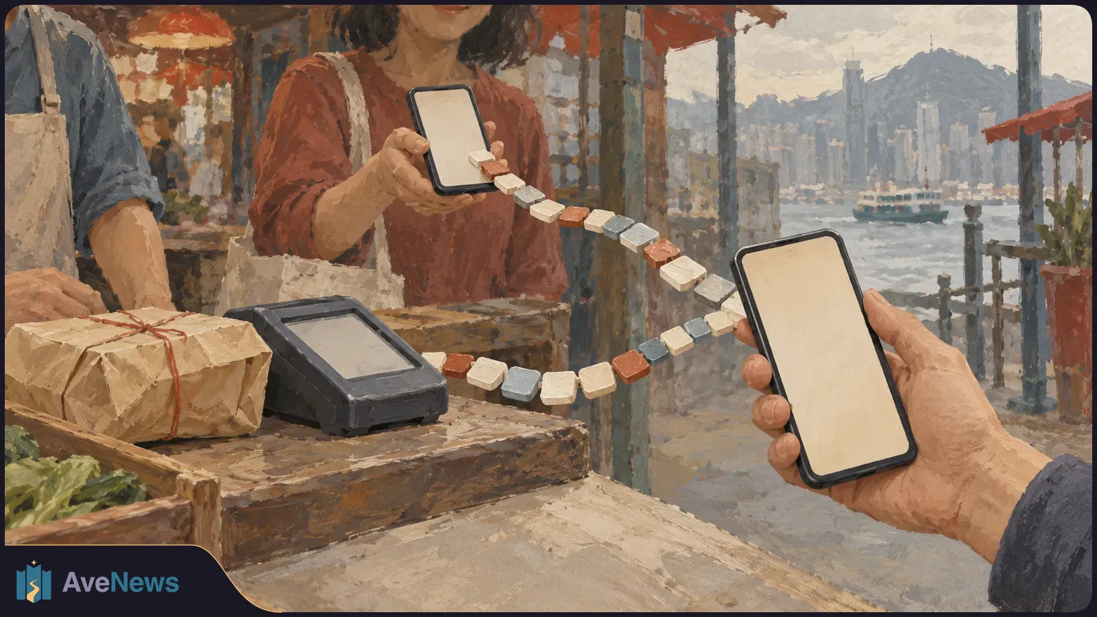 Painted waterfront market scene with two people holding blank-screen phones across a counter with a payment terminal and wrapped parcel; two rows of small colored tiles float between the phones. SI illustration