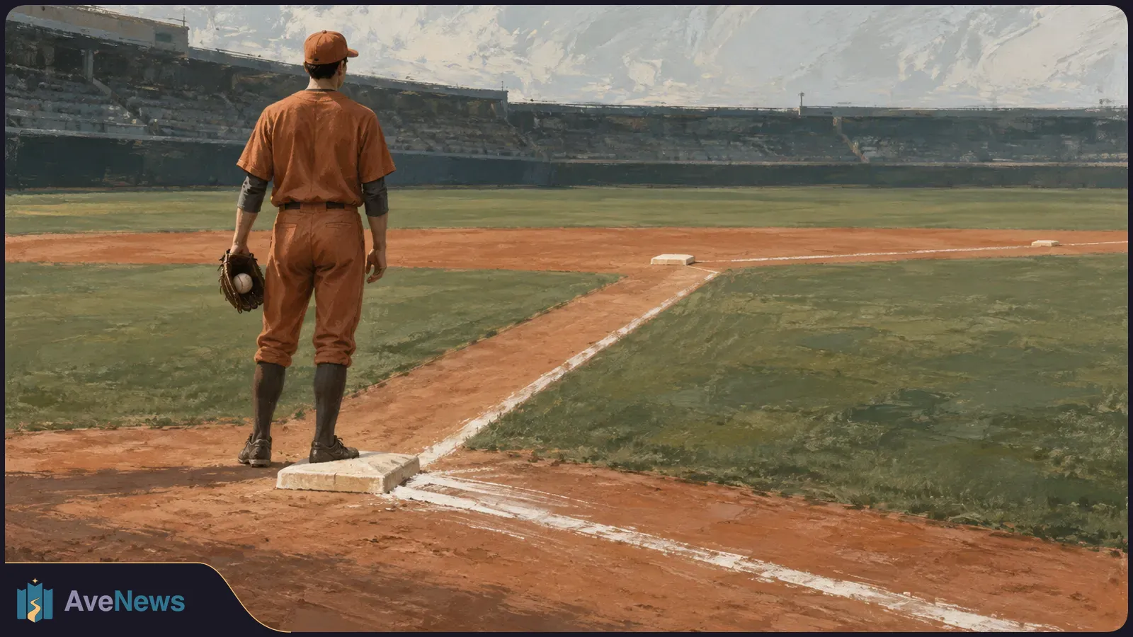 A baseball player in a brown uniform stands on a base, holding a glove and ball while facing an empty stadium. SI illustration
