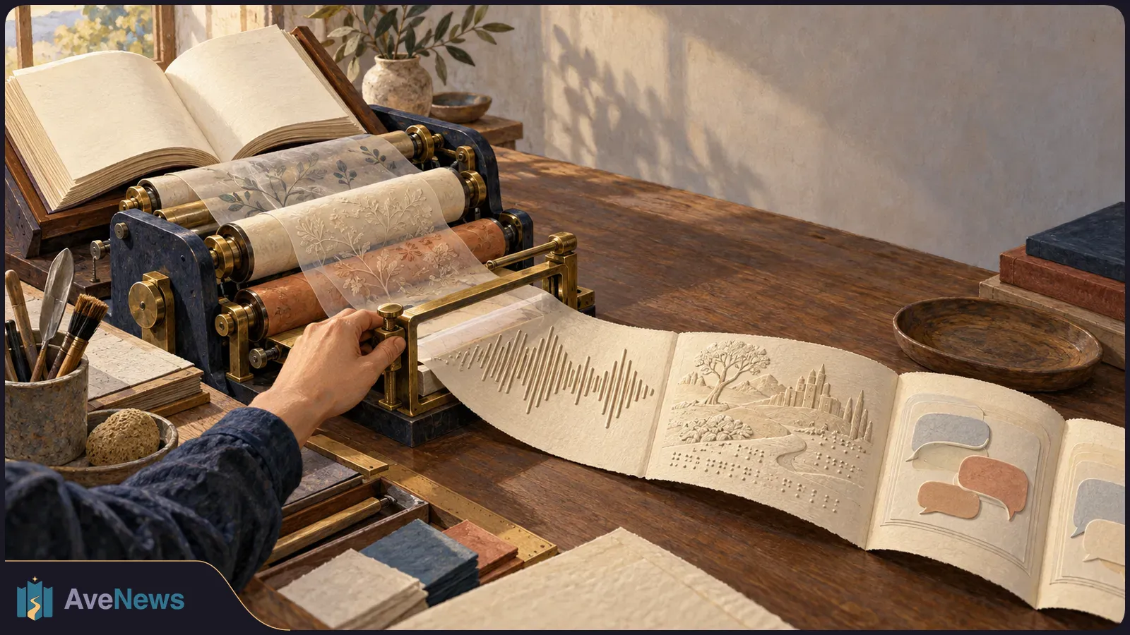 A hand operates a tabletop printing press beside an open book. Paper emerging from the press shows a sound-wave pattern, a landscape and blank speech bubbles. SI illustration