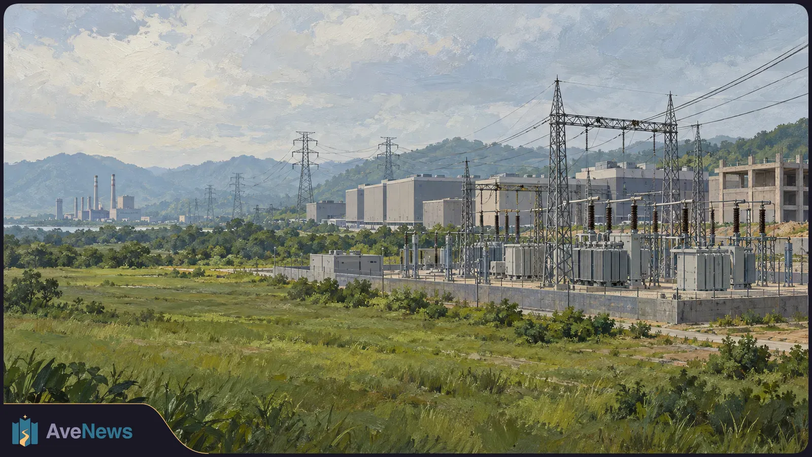 Painterly landscape with an electrical substation, power lines and large industrial buildings beyond a grassy field, with hills in the background. SI illustration