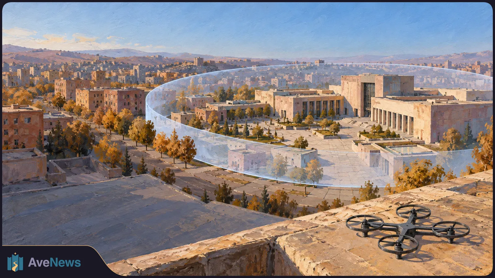 Painterly view of a city and large building complex encircled by a translucent blue boundary, with a quadcopter above a rooftop in the foreground. SI illustration