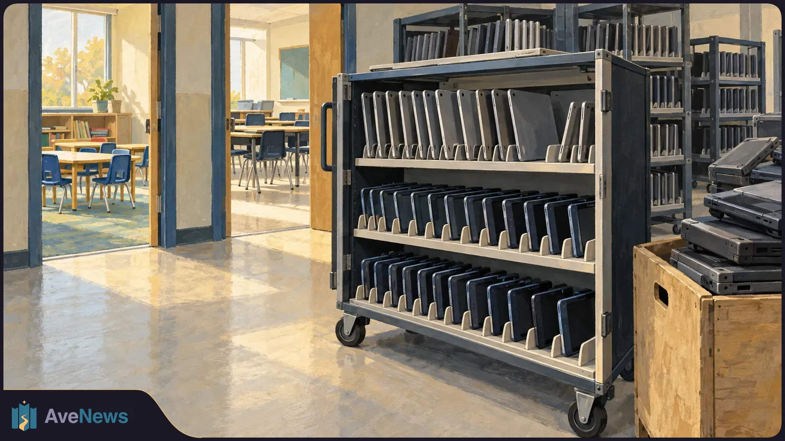 Illustrated school hallway with a wheeled rack of tablet-like devices, stacks of closed laptops, and sunlit classrooms beyond. SI illustration