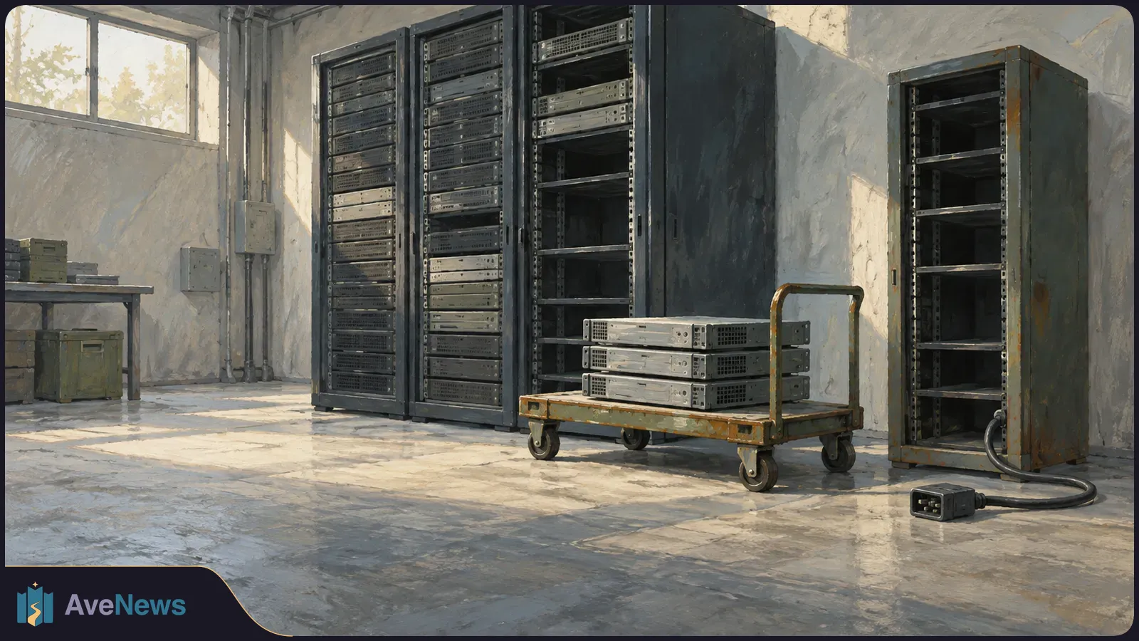 Illustrated server room with filled racks, an empty rack, three servers on a wheeled cart, and a loose power plug on the floor. SI illustration