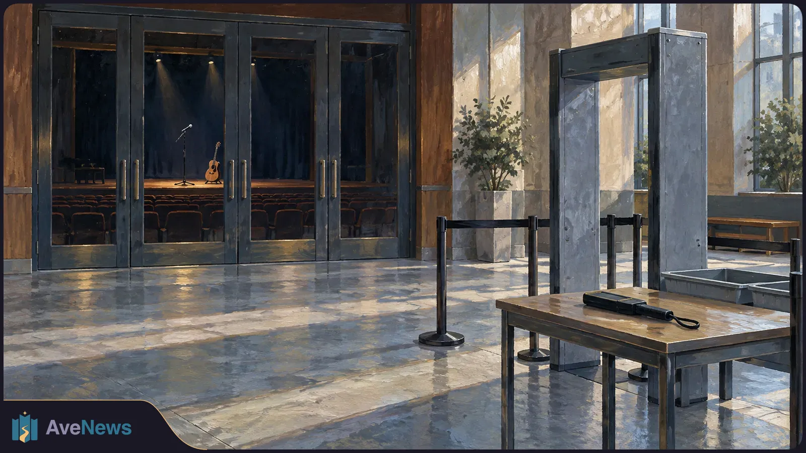 Painted concert-hall entrance with a metal detector, security trays and a handheld scanner; beyond glass doors, a guitar and microphone stand sit on an empty stage. SI illustration