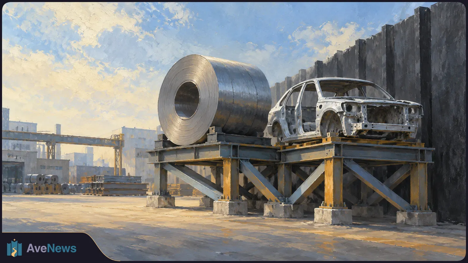 Illustration of a large steel coil and an unfinished car body on raised platforms in an industrial yard, with stacked metal in the background. SI illustration